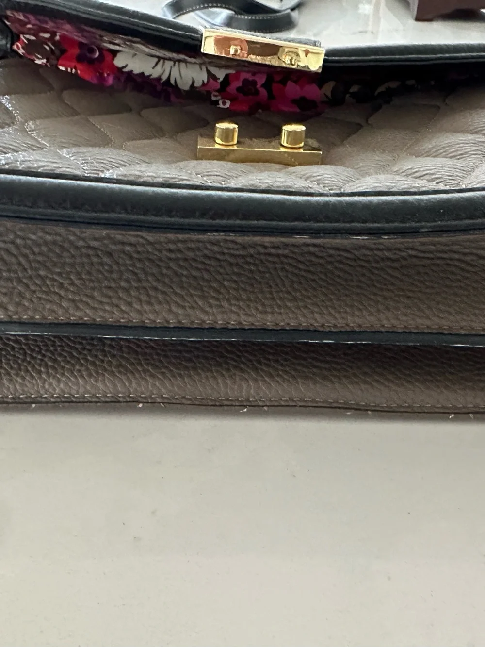 Vera Bradley Quilted Taupe Satchel with Black Trim and Gold Hardware